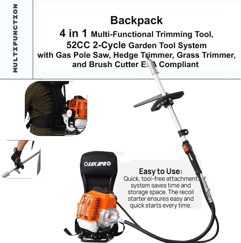 52cc 2-Cycle Backpack Gas Multi-Trimmer | 4-in-1 String Trimmer w/Rotatable Pole Saw, Weed Eater Weed Wacker, Brush Cutter & Hedge Trimmer Gas for Lawn, Yard, Garden Care, All-in-one Garden Tool