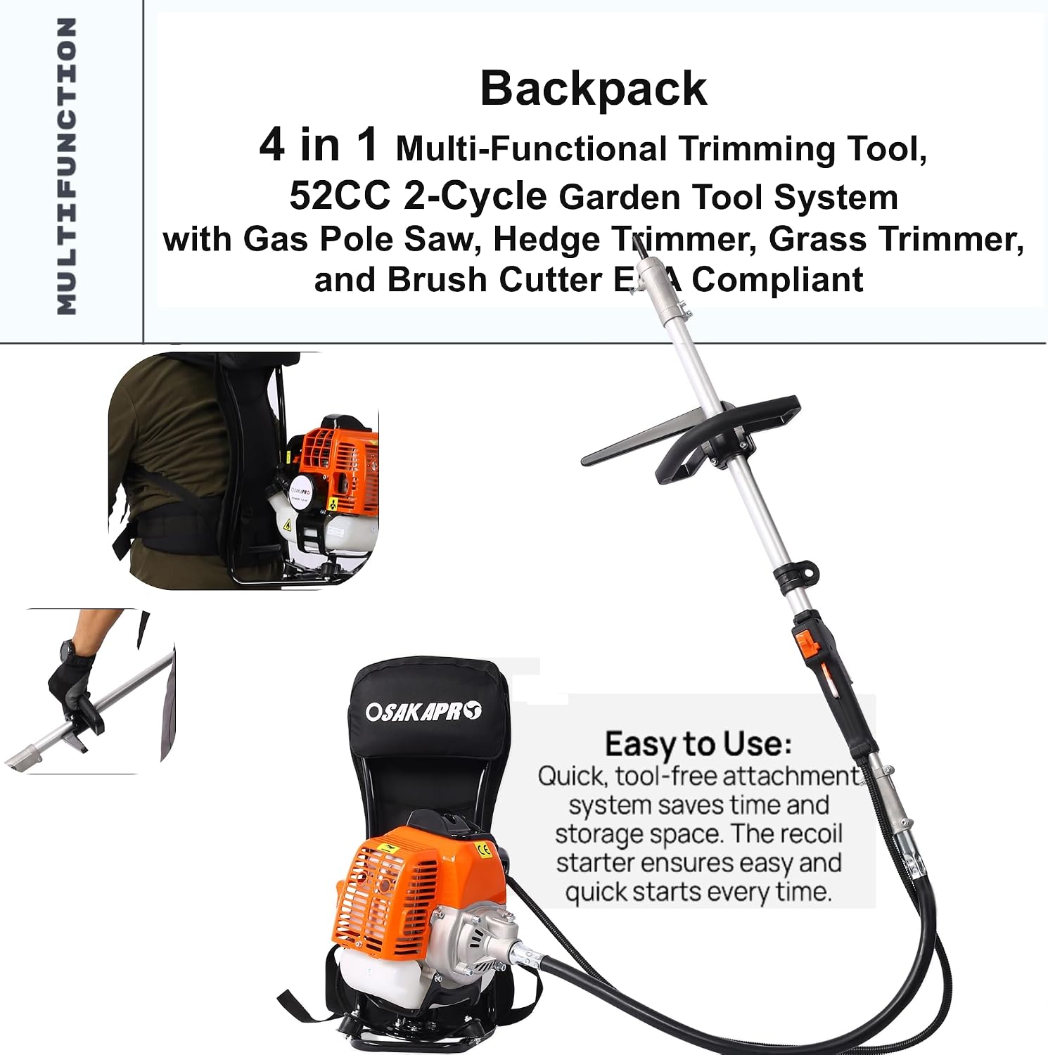 52cc 2-Cycle Backpack Gas Multi-Trimmer | 4-in-1 String Trimmer w/Rotatable Pole Saw, Weed Eater Weed Wacker, Brush Cutter & Hedge Trimmer Gas for Lawn, Yard, Garden Care, All-in-one Garden Tool