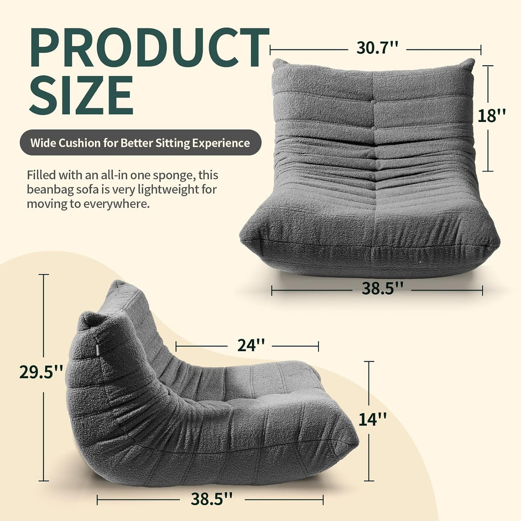 Bean Bag Chairs for Adults, Lazy Sofa Chair with Memory Foam Teddy Velvet Fabric, Large Beanbag Sofa Chair for Bedroom Living Room Dorm Office (Dark-Grey)