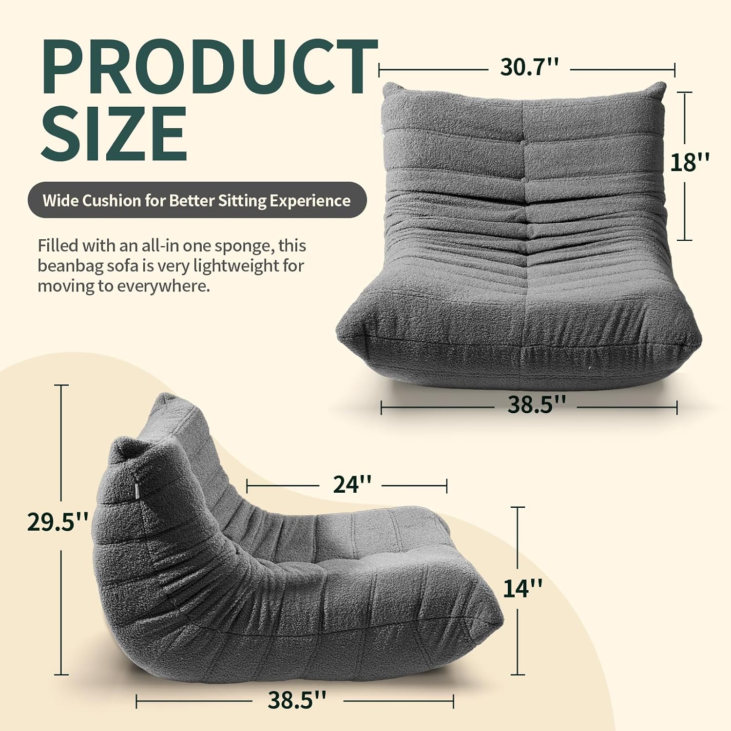 Bean Bag Chairs for Adults, Lazy Sofa Chair with Memory Foam Teddy Velvet Fabric, Large Beanbag Sofa Chair for Bedroom Living Room Dorm Office (Dark-Grey)