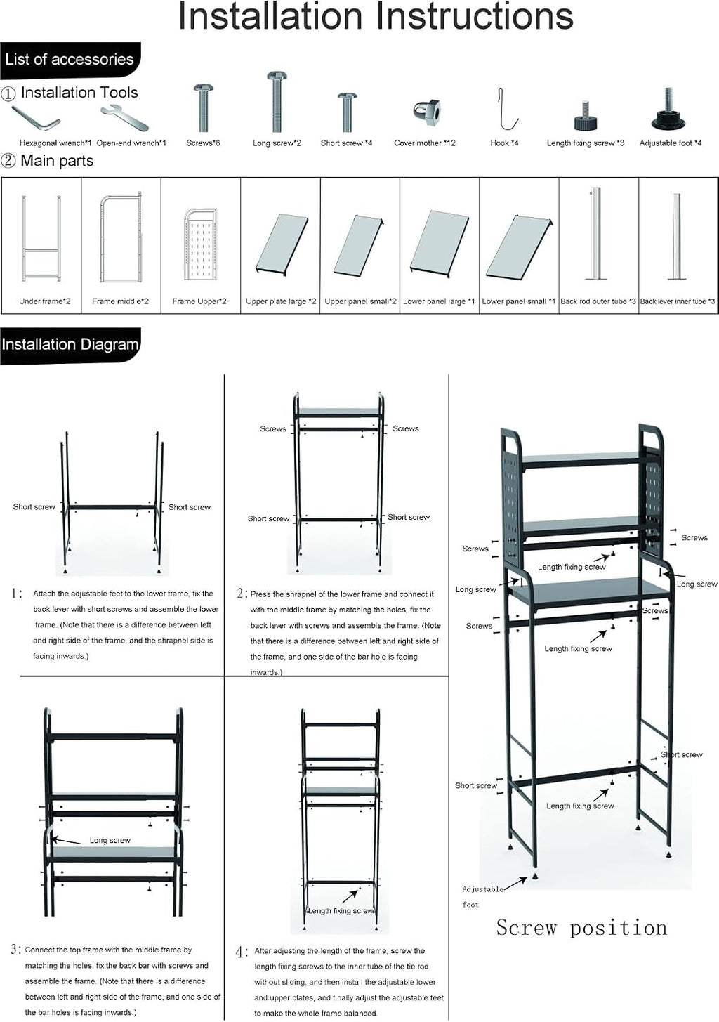 Over Washer Storage, 3 Tier Expandable Washer and Dryer rack, Laundry Room Storage Over Toilet Washing Machine and Dryer Storage Rack Bathroom Organization with Pigboard and Hook( Color : White )