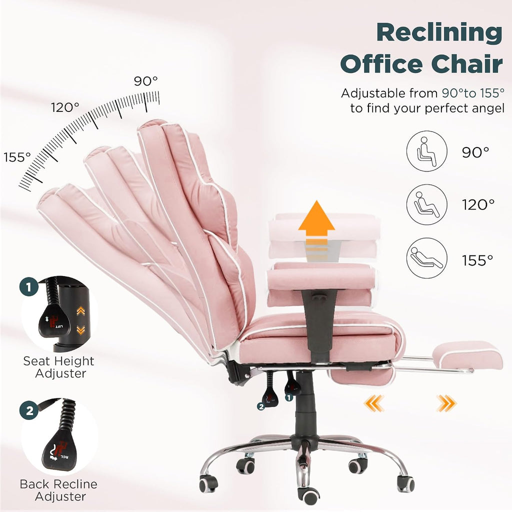 HOMREST Pink Ergonomic Office Chair with 6-Point Vibration Massage & Heat – Reclining Executive Chair with Adjustable Footrest and Armrests, PU Leather Big and Tall Home Office Desk Chair