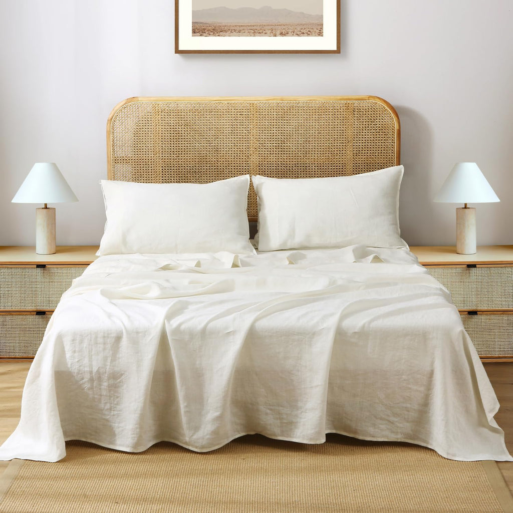 S VICTORY SYMBOL 100% Organic Linen Sheets Set Twin XL,Pure Natural French Linen Bed Sheets 3pcs,Beathable and Durable,Deep Pocket Bedding,Creamy White
