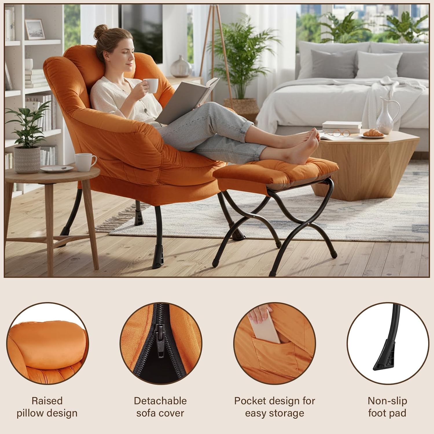Welnow Orange Lazy Chair with Ottoman, Modern Accent Chair with Armrests and a Side Pocket, Leisure Sofa Armchair, Reading Armchair with Footrest for Small Space, Corner Chair