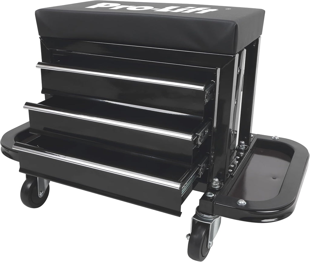 Pro-Lift Mechanic Roller Seat with Tool Box - 3-Drawer Rolling Tool Chest Stool with Padded Seat Cushion for Garage Creeper – 400 Lbs Capacity