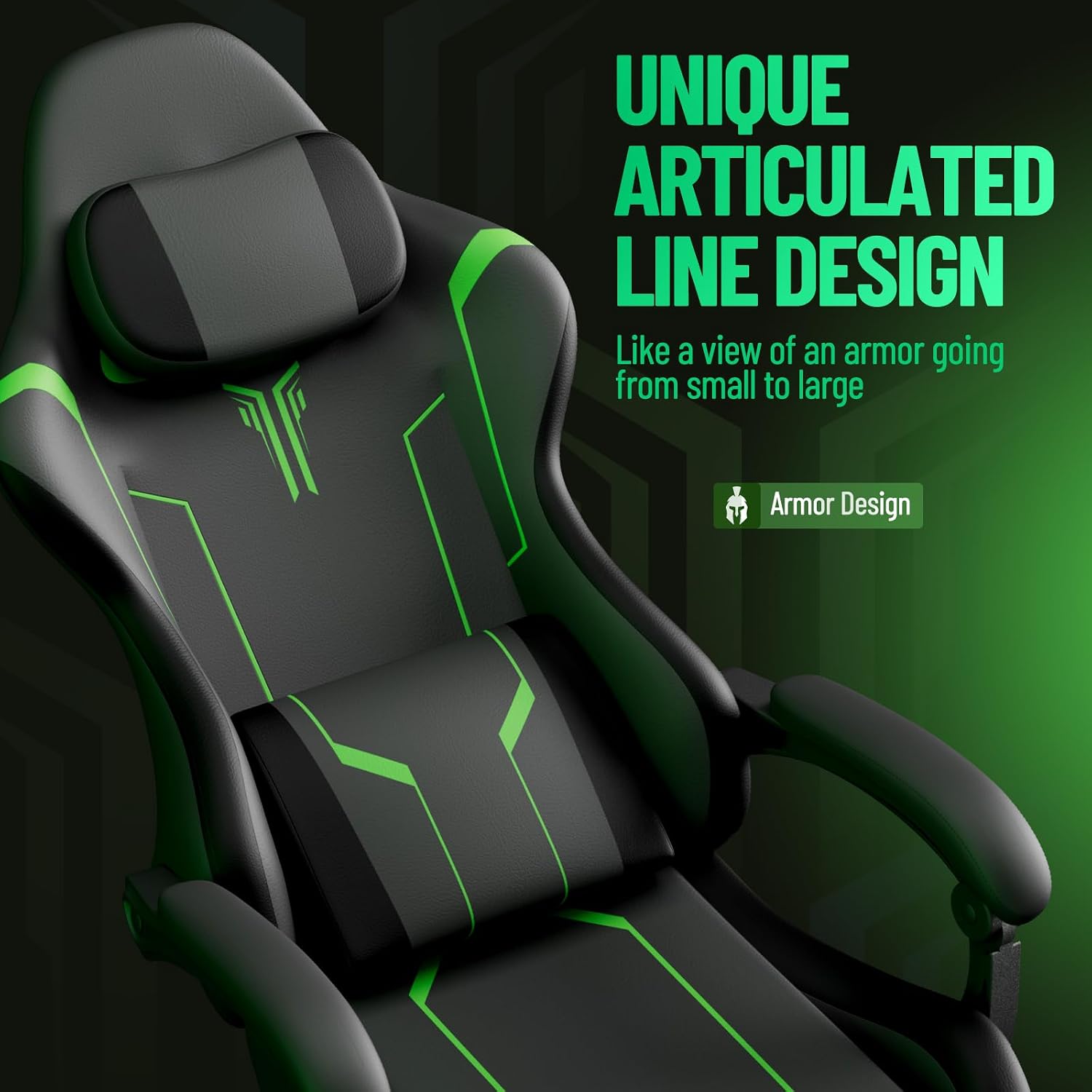 Ferghana Gaming Chair, PU Leather Ergonomic Computer Chair with Massage Lumbar Support, High Back Office Game Chair with Footrest and Linkage Armrest for Adult, Grey/Black/Green