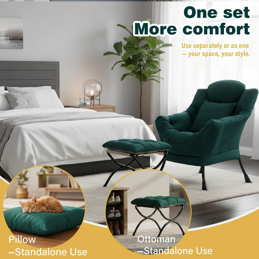 Lazy Chair with Ottoman, Large Accent Chair with Ottoman and a Throw Pillow, Dark Green Reading Chair for Living Room Bedroom Dorm Room Office Apartment Relaxing Use
