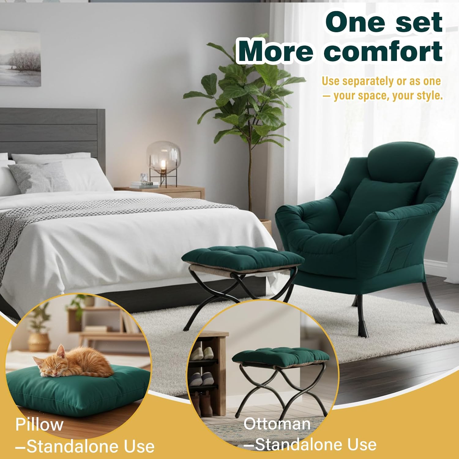 Lazy Chair with Ottoman, Large Accent Chair with Ottoman and a Throw Pillow, Dark Green Reading Chair for Living Room Bedroom Dorm Room Office Apartment Relaxing Use