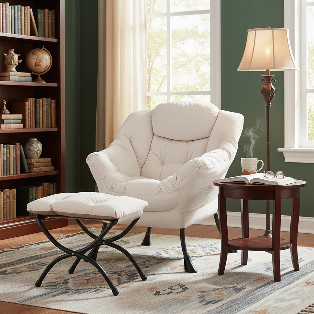 Welnow Lazy Chair with Ottoman, Modern Accent Chair with Armrests and a Side Pocket, Leisure Sofa Armchair, Reading Armchair with Footrest for Small Space, Beige