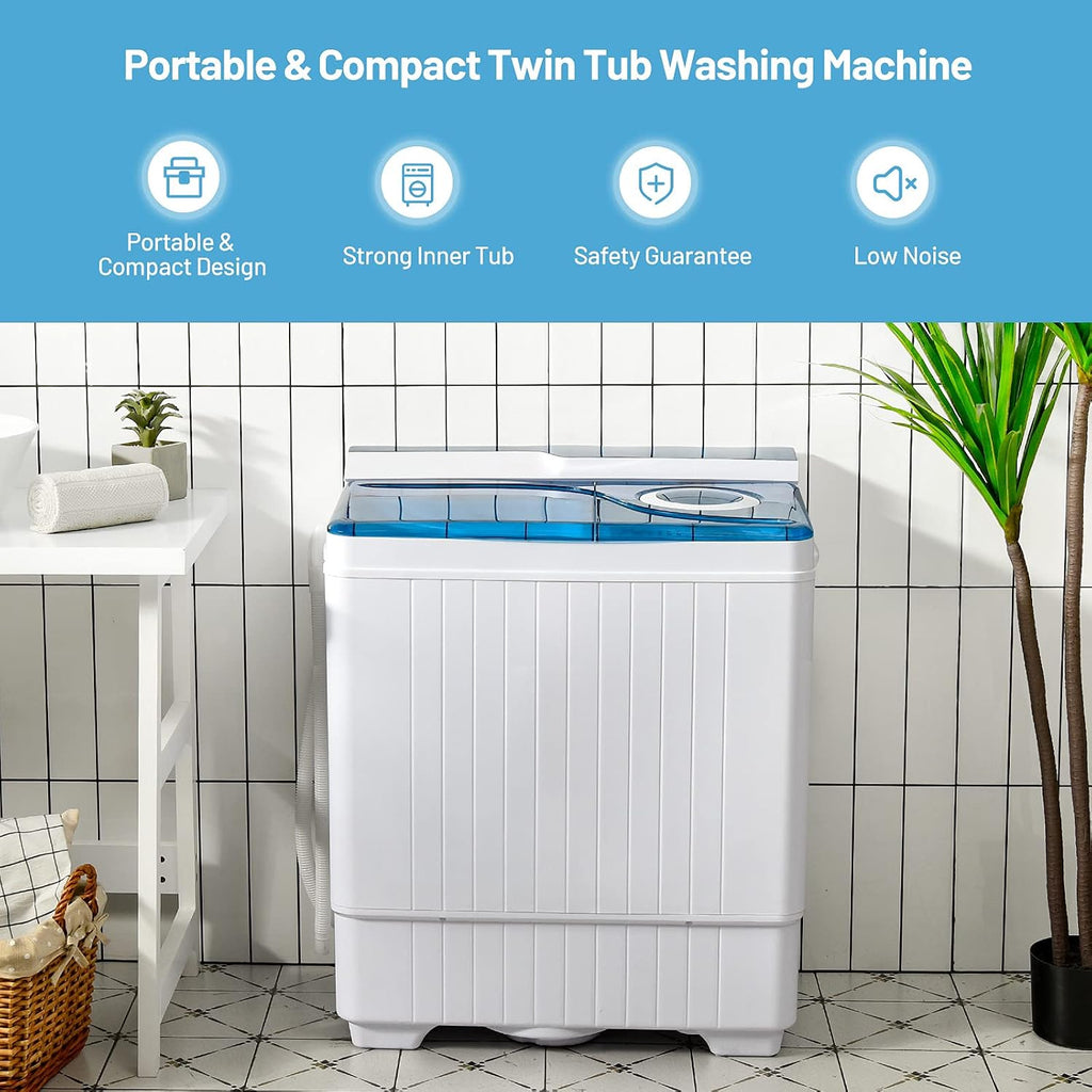 Giantex Washing Machine Semi-automatic, Twin Tub Washer with Spin Dryer, 26lbs Capacity, Built-in Drain Pump, Portable Laundry Washer, Compact Washing Machine for Apartment, Dorm and RV (White+Blue)