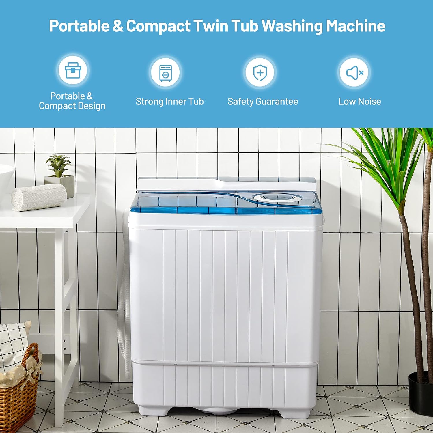Giantex Washing Machine Semi-automatic, Twin Tub Washer with Spin Dryer, 26lbs Capacity, Built-in Drain Pump, Portable Laundry Washer, Compact Washing Machine for Apartment, Dorm and RV (White+Blue)