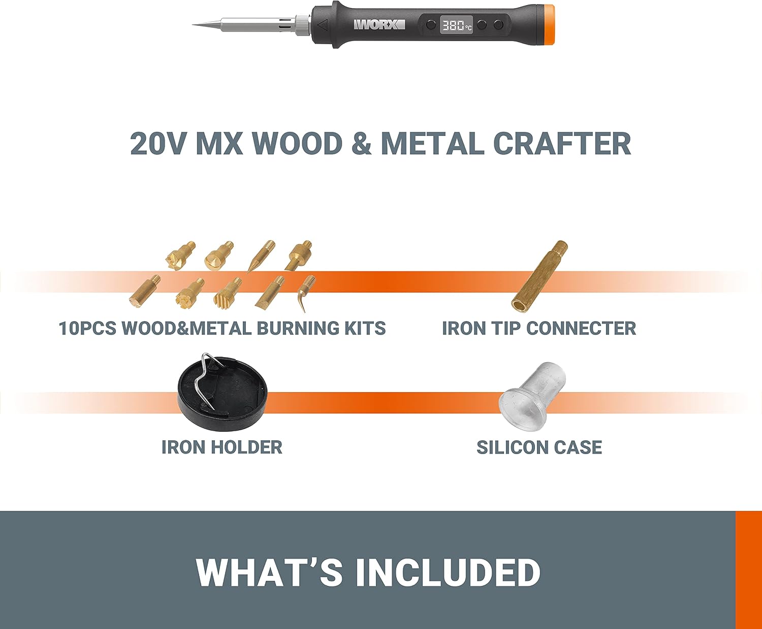 WORX - MAKER X - Soldering iron 20V - WX744.9 - 45W - Wood and metal profiling tool (Without battery, hub or charger, with: 9 pcs accessory set, 1 holder and iron connector, 1 case)