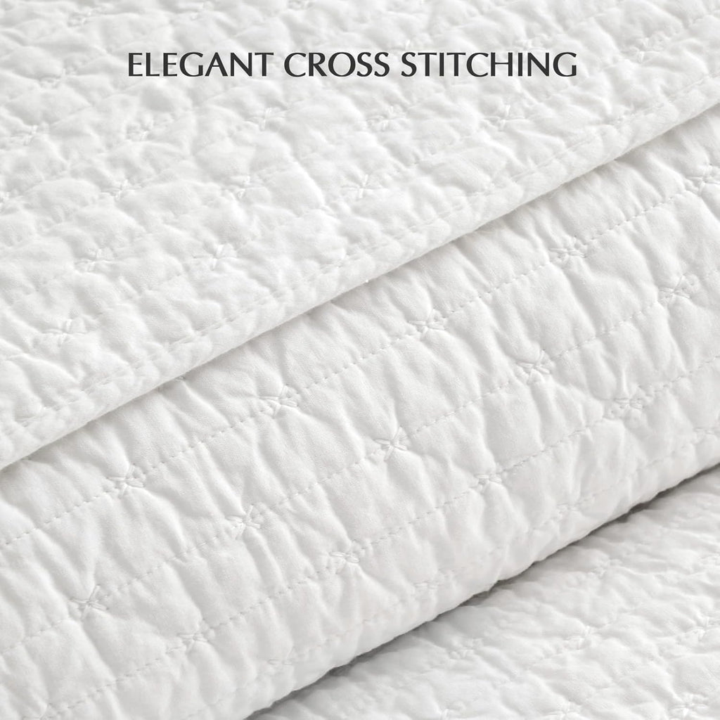 EVERGRACEHOME Cross Stitch Pre-Washed Cotton Quilt Bedding Set King Size, Oversized 3 Pieces Lightweight Bedspread Coverlet for All Season, with 2 Matching Shams, Bright White,108'x96'