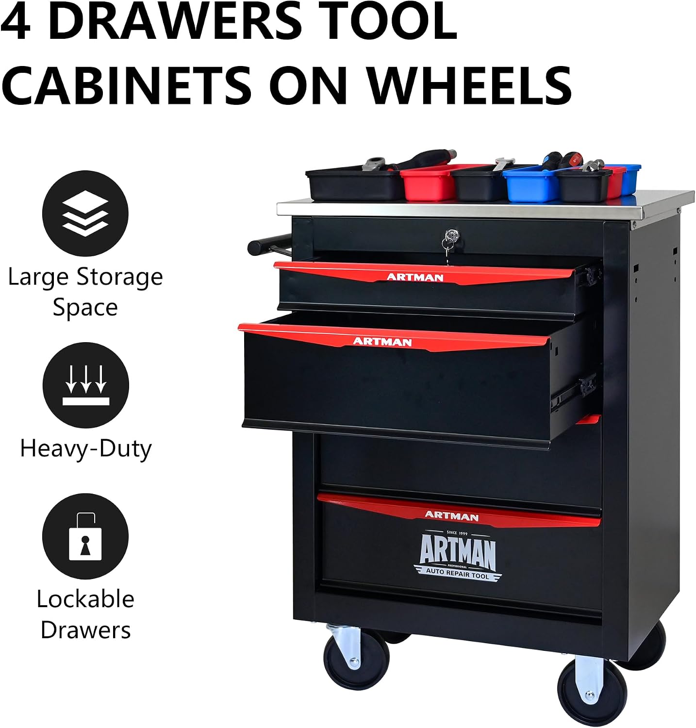 Campfun Tool Chest with Wheels 4 Drawers Rolling Tool Box, Metal Tool Cart with Extra 7 Tool Storage Boxes, Tool Chest Workbench Tool Storage Cabinet for Garage Workshop Warehouse Repair Shop