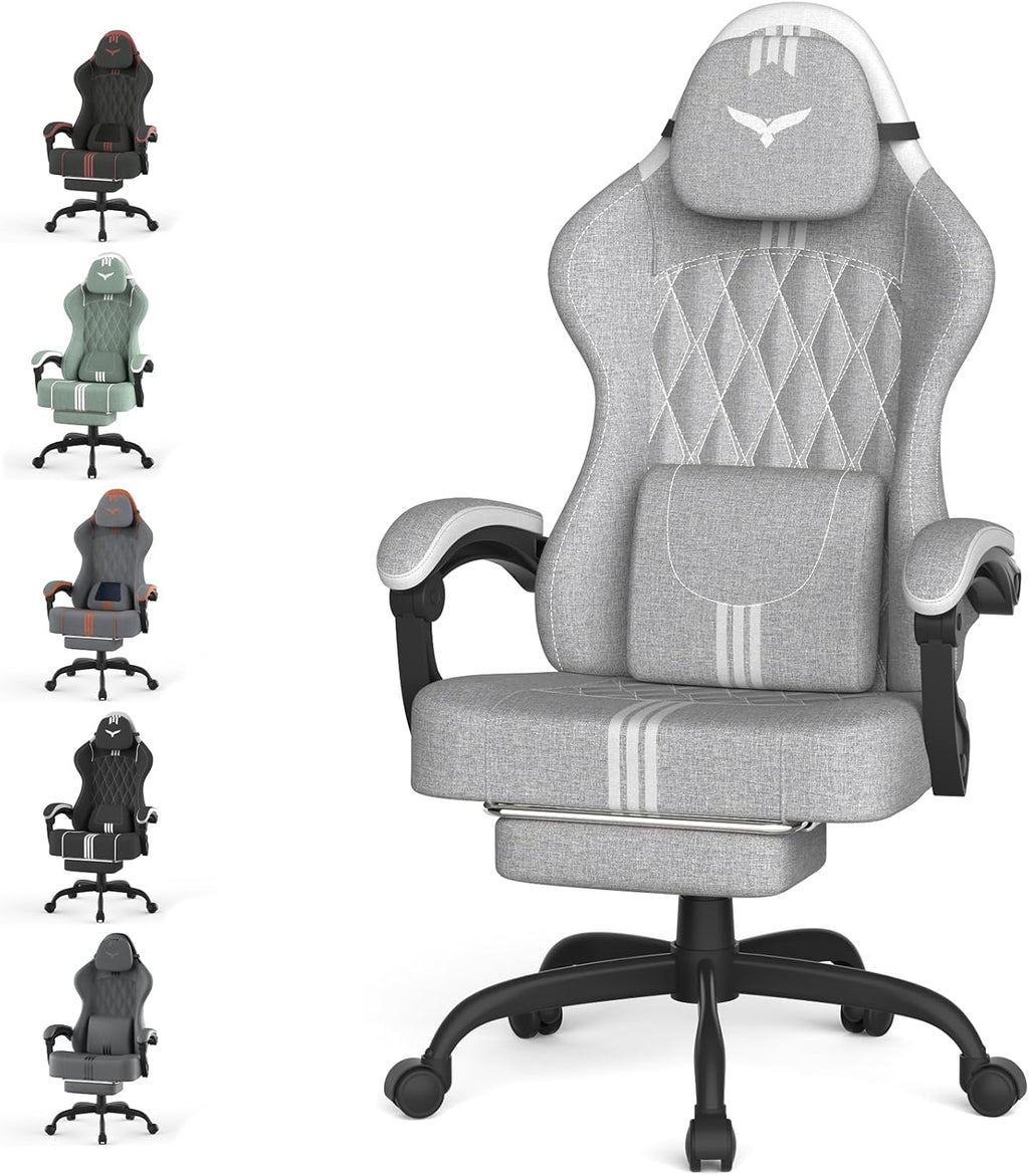 Ferghana Cotton Fabric Gaming Chair with Wider Seat Cushion, Diamond Double-Stitching Ergonomic High Back Game Chair with Footrest, Computer Chair with Massage Lumbar Support for Adult, Gray/White