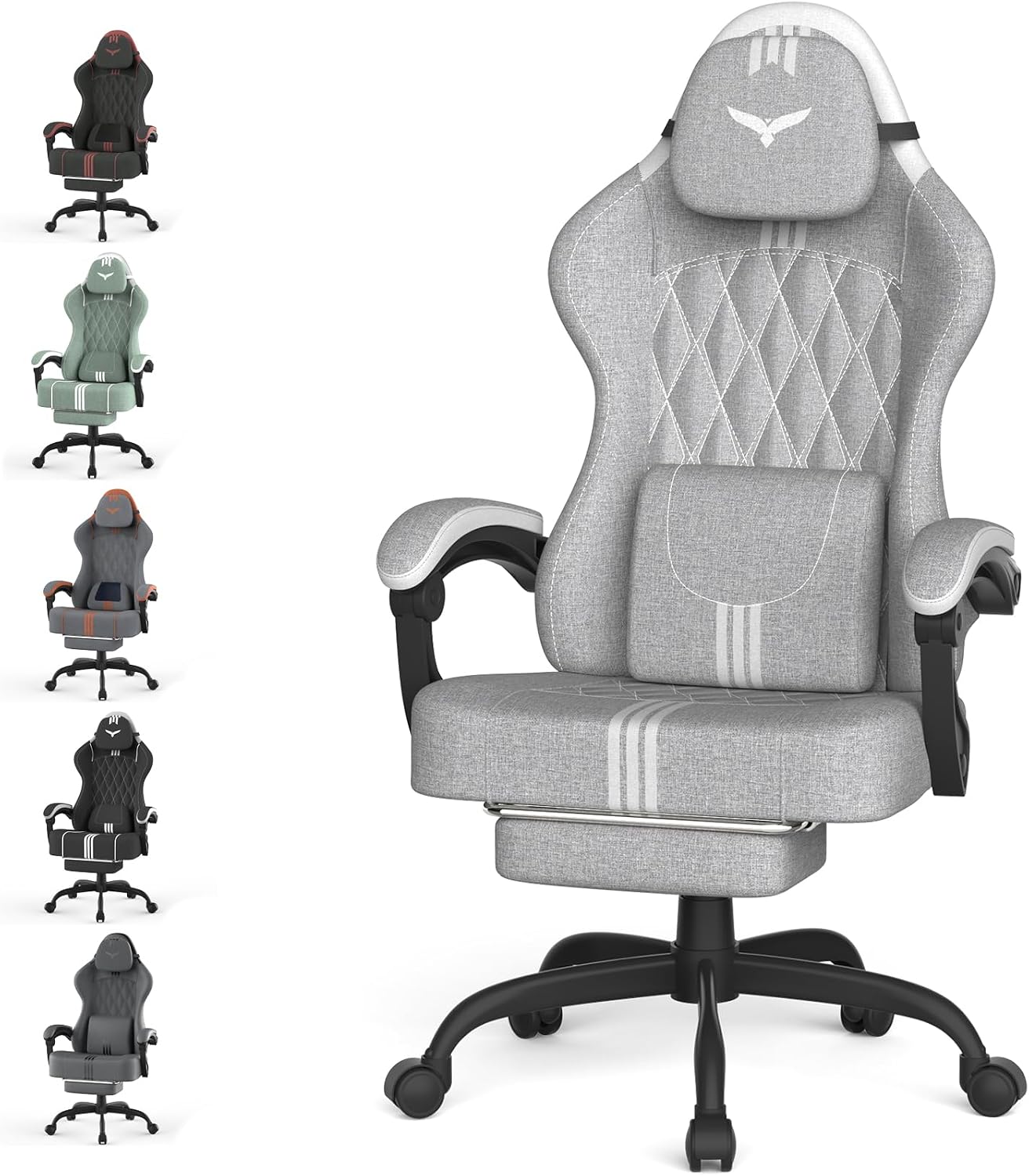 Ferghana Cotton Fabric Gaming Chair with Wider Seat Cushion, Diamond Double-Stitching Ergonomic High Back Game Chair with Footrest, Computer Chair with Massage Lumbar Support for Adult, Gray/White