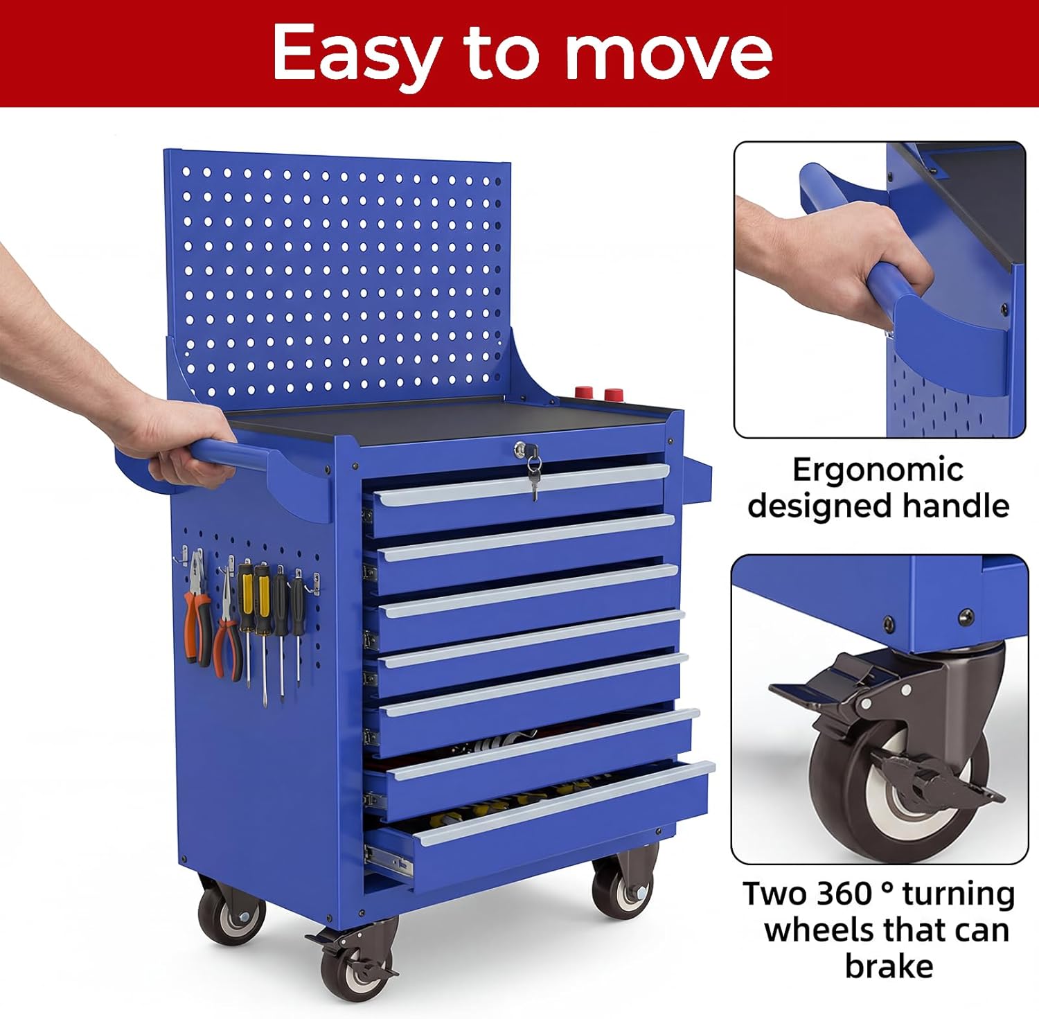 Rolling Tool Chest with Wheels, 7 Drawers Tool Storage Cabinet, Portable Metal Tool Box Organizer with Lock, Tool Cart on Wheels Toolbox Workbench for Garage, Workshop, Warehouse(Required Assembly)