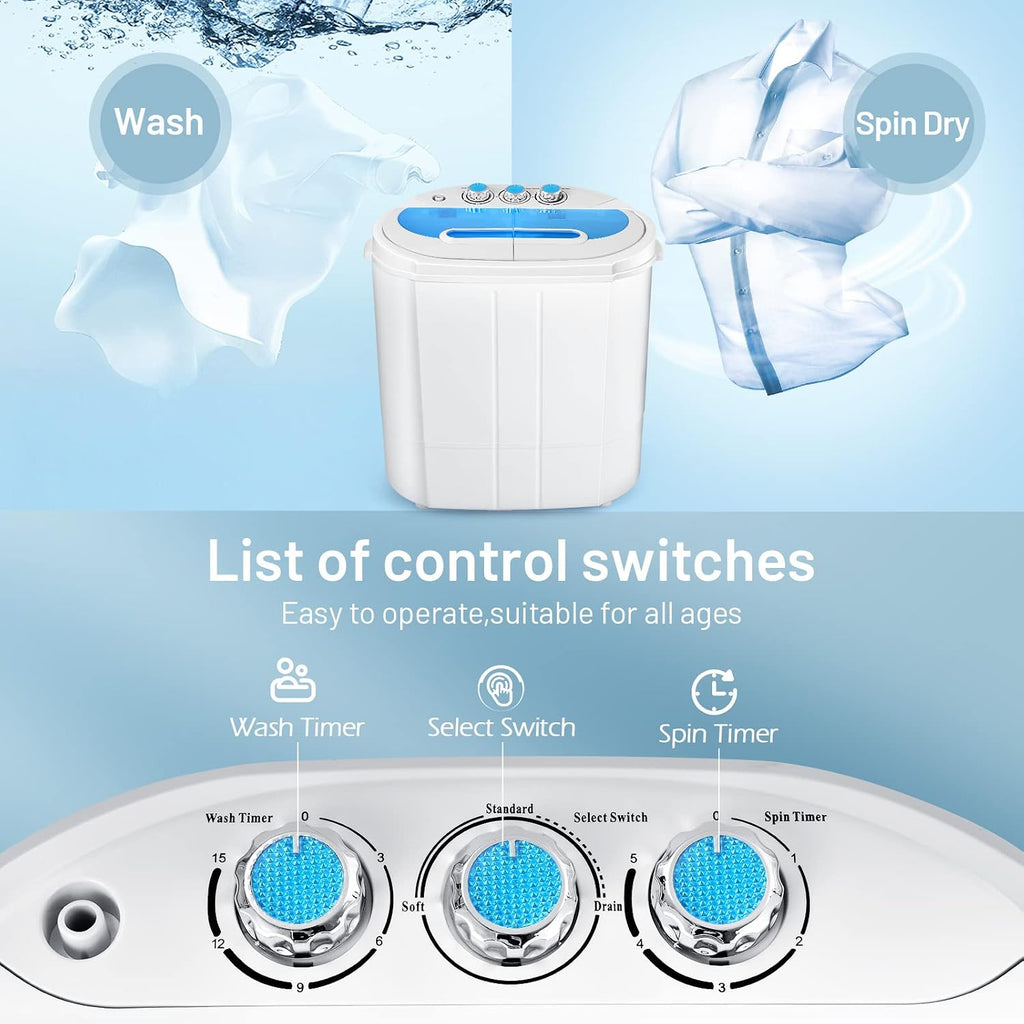 Tiktun Portable Washing Machine,Mini Twin Tub Washing Machine w/Wash and Spin Cycle,13lbs Capacity For Camping,Apartments,Dorms,RV