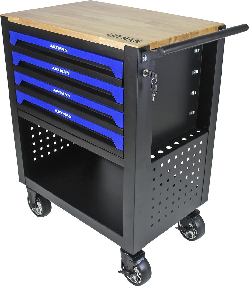 Rolling Tool Cart with 4-Drawer Wood Top Utility Tool Chest on Wheels Mechanic Tool Storage Organizer Cabinet for Garage, Warehouse, Workshop, Repair Shop (Blue)