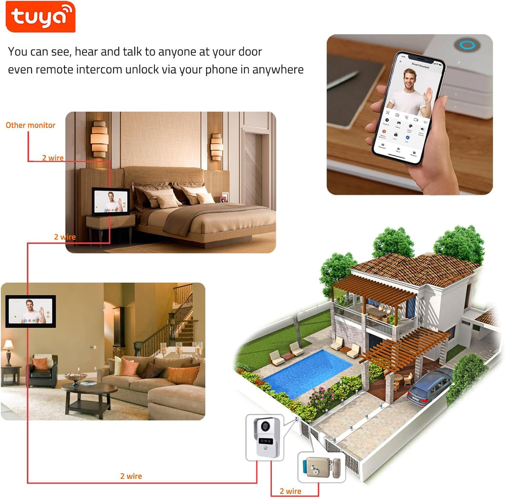 2 Wired Video Intercom System, 7 Inches Video Doorbell HD Camera with Monitor, WiFi Tuya App Remote Intercom Unlock, No Monthly Fees, Video Door Bell Call Phone, for Villa House Office Apartment