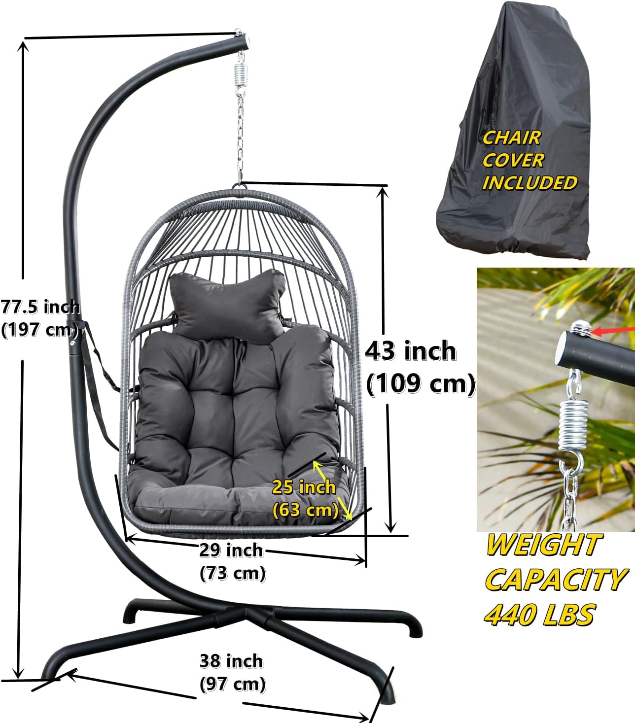 Swing Egg Chair with Stand for Outdoor and Indoor, Hanging Egg Chair 440LBS Capacity (Dark Grey)