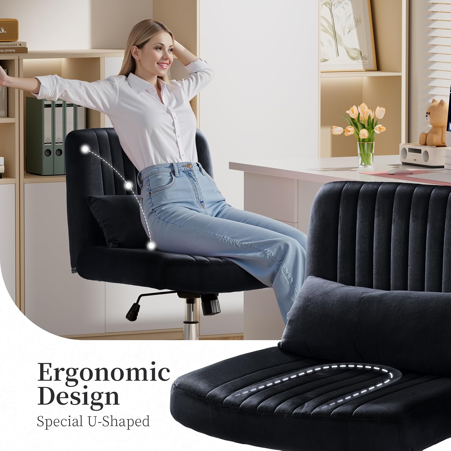 Warmiehomy Criss Cross Chair, Luxury Velvet Cross Legged Chairs, Office Chair for Home Office, Desk Chair with Height Adjustable, Wide Seat Computer Chair, Comfy Vanity Chair Gift, Classic Black