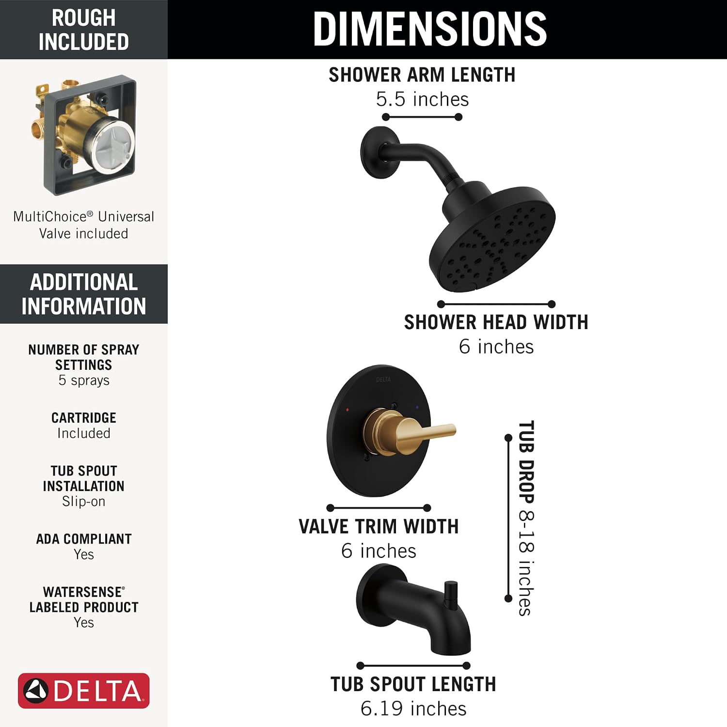 Delta Nicoli 14 Series H2Okinetic Bathtub and Shower Faucet Set, Matte Black/ Brushed Gold Shower Head and Handle Set, Valve Trim Kit, Matte Black/ Champagne Bronze 144749-GZ (Valve Included)