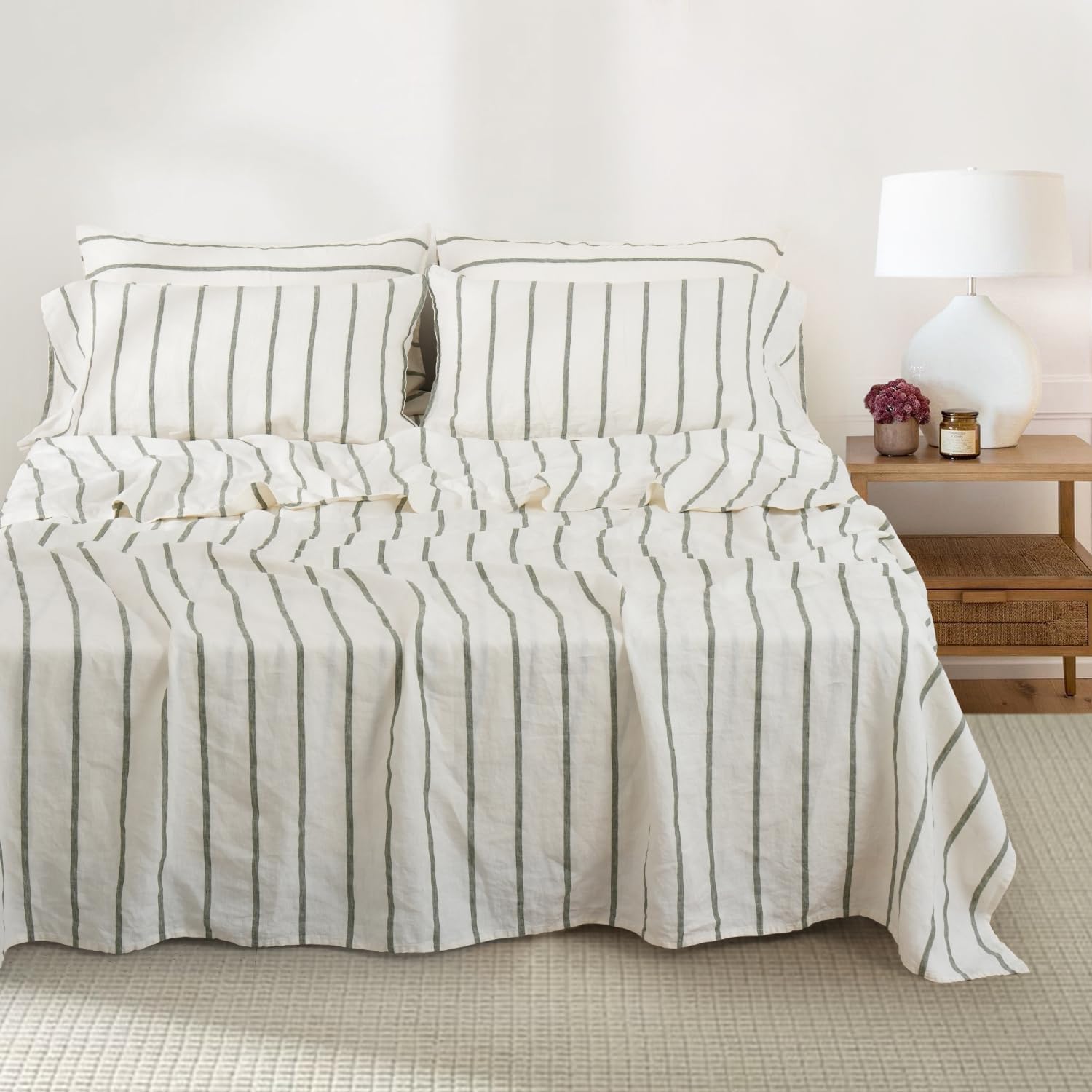 S VICTORY SYMBOL 100% Organic Linen Sheets Set Striped,Yarn Dyed Green Vertical Stripe Bed Sheets King Size,French Natural Flax Bedding Set 4pcs
