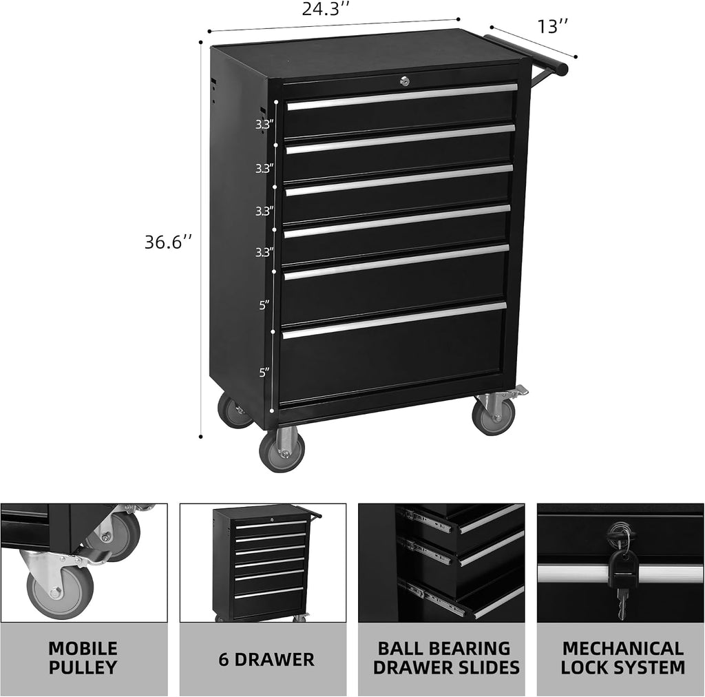 CubisVeta Tool Chest Cabinet, Large Capacity Metal Tool Box with Wheels and Cylinder Locking, Roll Around Storage Organizer Tool Cart for Garage, Redtool cabinets on Wheels (Black, 6-Drawer-Wheel)