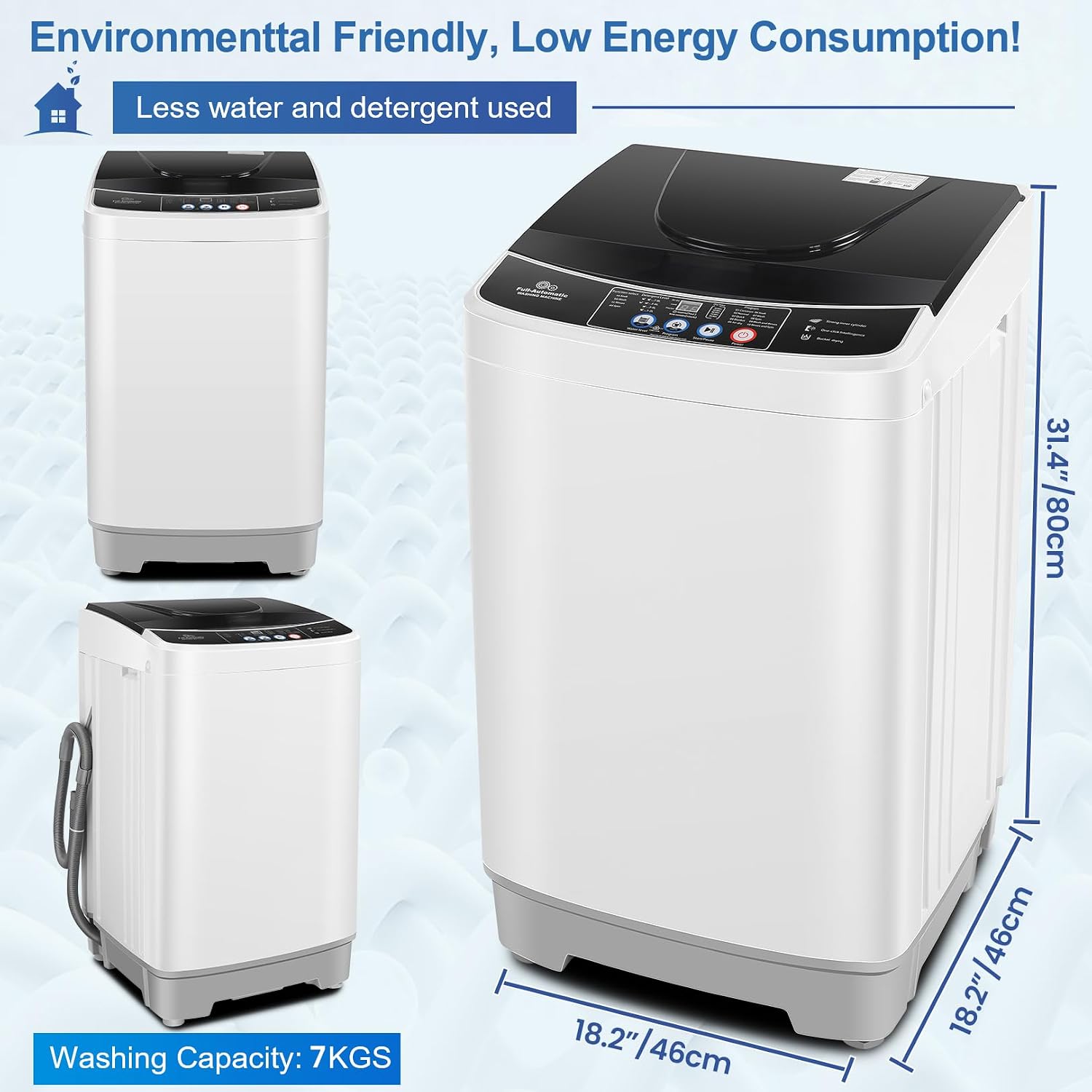 Nictemaw Portable Washing Machine 15.6Lbs Capacity Portable Washer with Drain Pump 2.1Cu.ft Full-Automatic Compact Washer with 10 Programs 8 Water Level for Home, Apartment, RV, Dorms