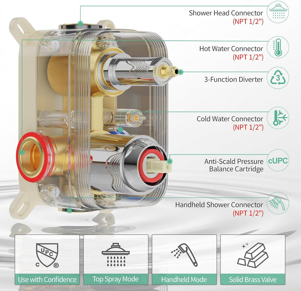 SR SUN RISE 12 Inch Ceiling Mounted Shower System Rain Mixer Combo Set Rainfall Shower Head System Faucet Trim Repair Kits Polished Chrome Rough-in Valve Body and Trim Included