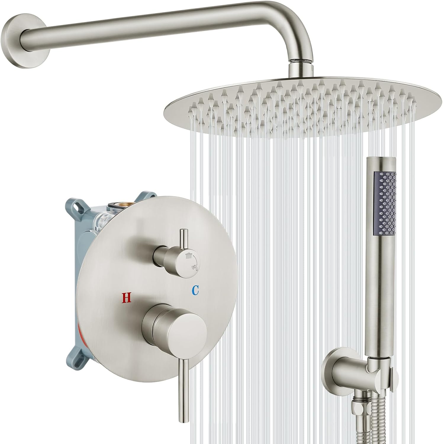 gotonovo Shower System 10 Inch Round Rainfall Showerhead Wall Mounted High Pressure Shower Faucet Set Fixture Combo with Rough in Valve and Cylindrical Handheld Spray, Brushed Nickel