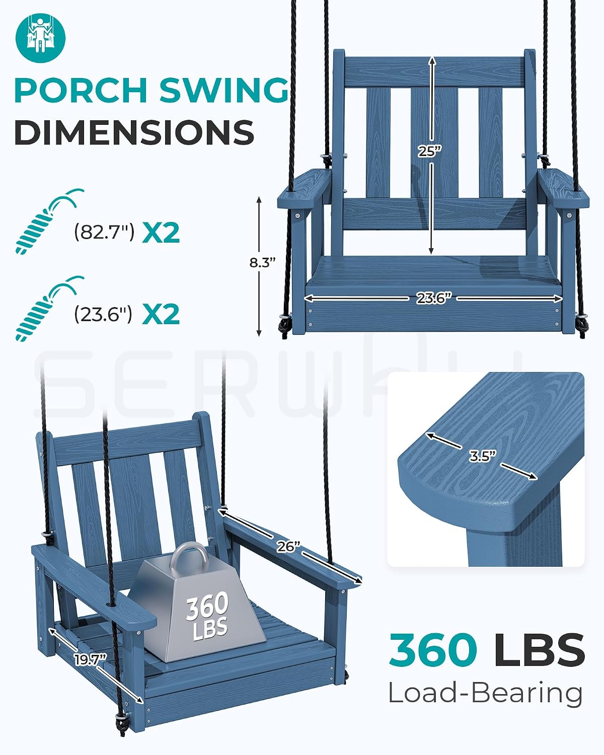 SERWALL HDPE Single Porch Swing, Heavy Duty Single Person Swing Chair with 2 Polypropylene Hanging Ropes, Adirondack Hanging Chair for Outdoor Front Porch Patio Garden Yard, Blue