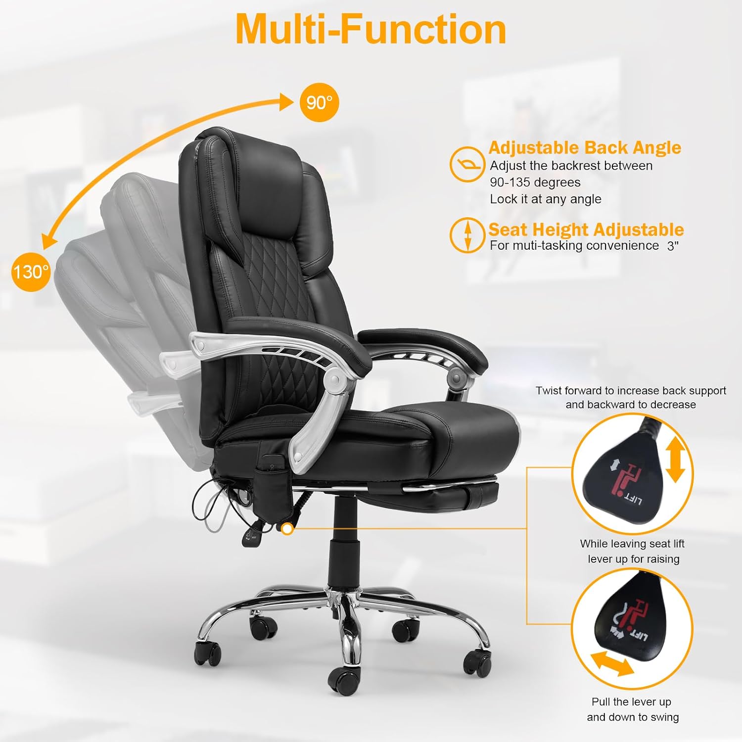 HOMREST 6-Point Massage Office Chair with Lumbar Support, Heated Executive Office Chair with Reclining Backrest, Computer Gaming Chair for Home Office, Black