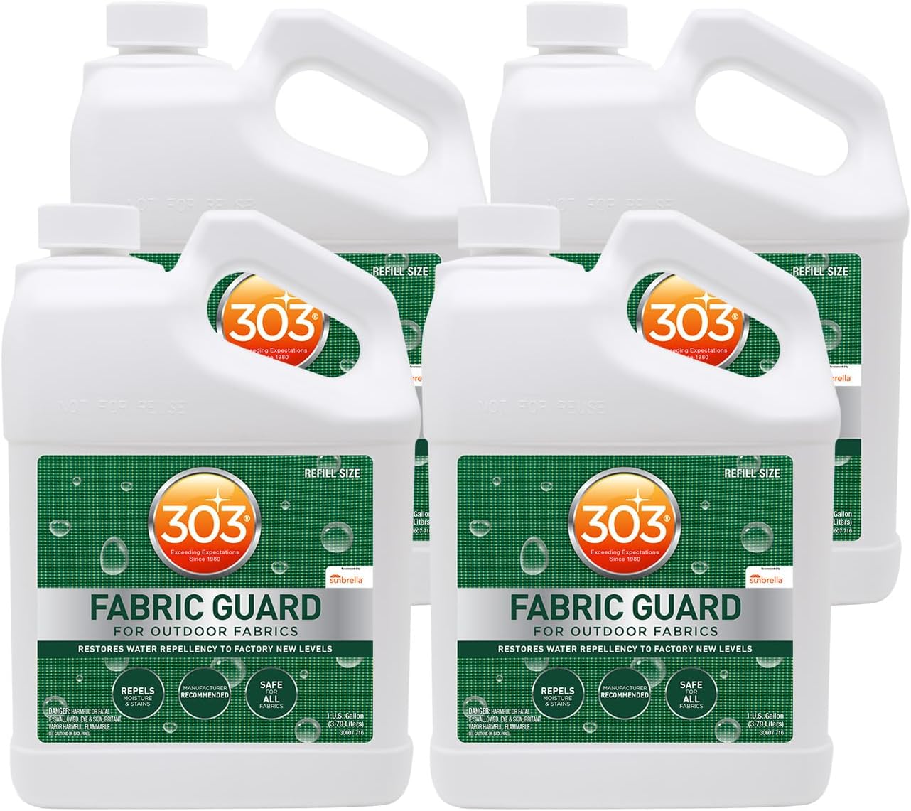 303 Products Fabric Guard, Water Repellent Spray for Outdoor Fabrics – Protects Upholstery, Cushions & Canvas, Stain Protection, Sunbrella Recommended, 1 Gallon (4-Pack)