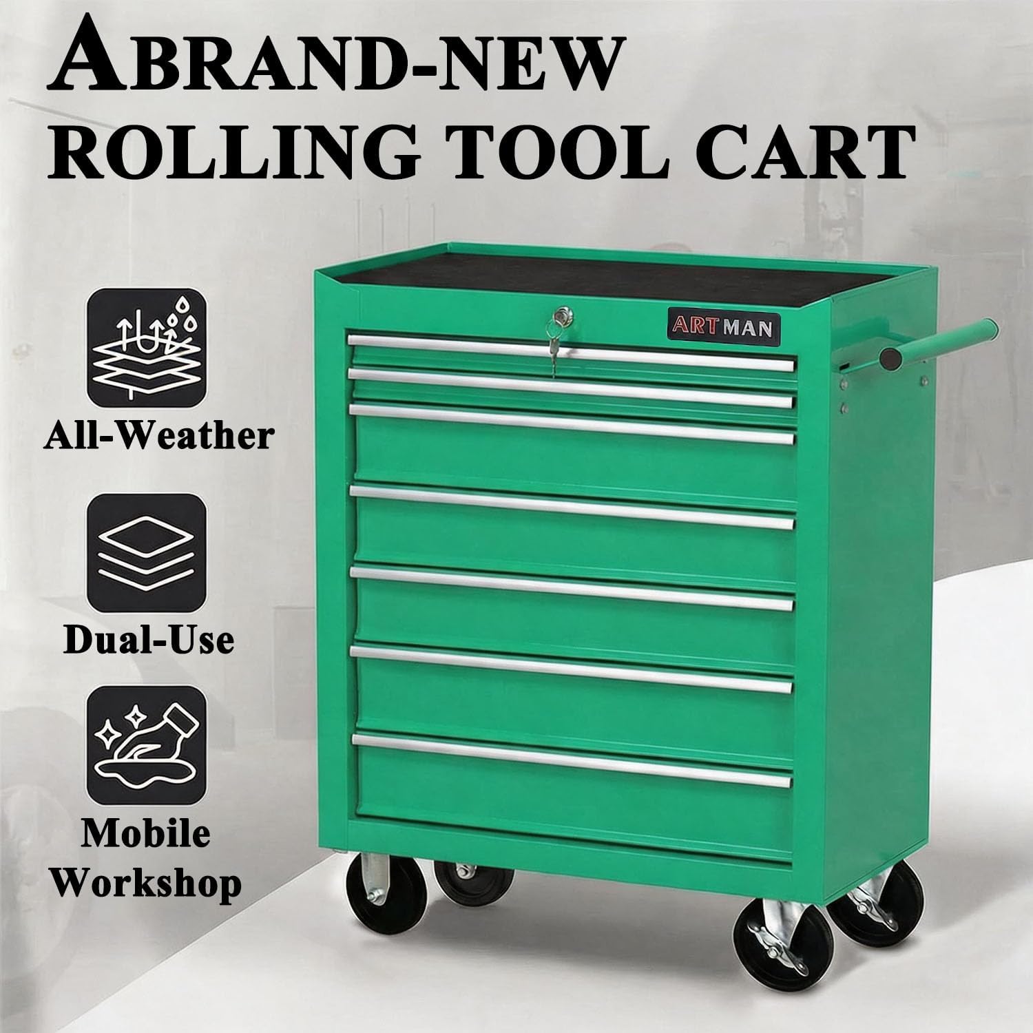 7 Drawers Tool Cart on Wheels,Multifunctional Rolling Tool Chest Tool Storage,Drawers Rolling Tool Trolley Organizer Tool Case for Repair Shop,Garage,Warehouse,Workshop (7 Drawers-Green)