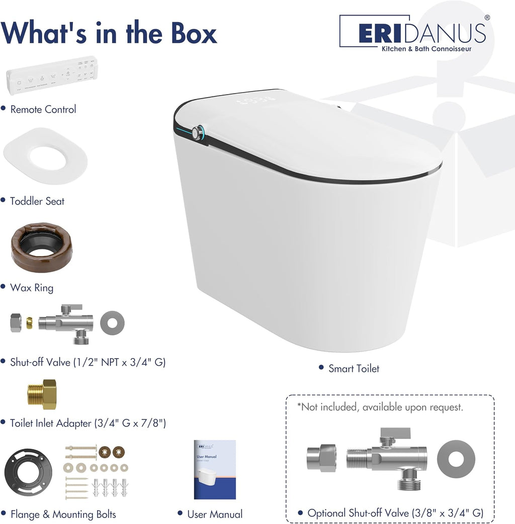 Smart Toilet with Bidet Built in, Eridanus One Piece Bidet Toilet for Bathrooms, Warm Water Wash & Dryer, Foot Sensor Flush, Elongated Heated Seat, Auto Open/Close with Digital Display, White & Black