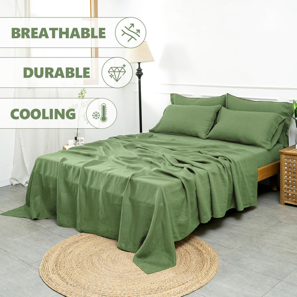 S VICTORY SYMBOL 100% Organic Linen Sheets Set King Size,French Flax Bed Sheets 4Pcs(1 Flat Sheet&1 Fitted Sheet&2 Pillowcases Natural Linen Farmhouse Bedding-Forest Green
