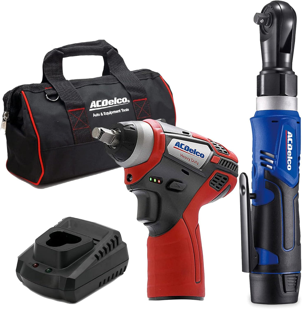 ACDelco G12 Series 12V Li-ion Cordless Rachet & Impact Wrench Combo Tool Kit with 3/8' Drive, LED Lights, Batteries & Chargers