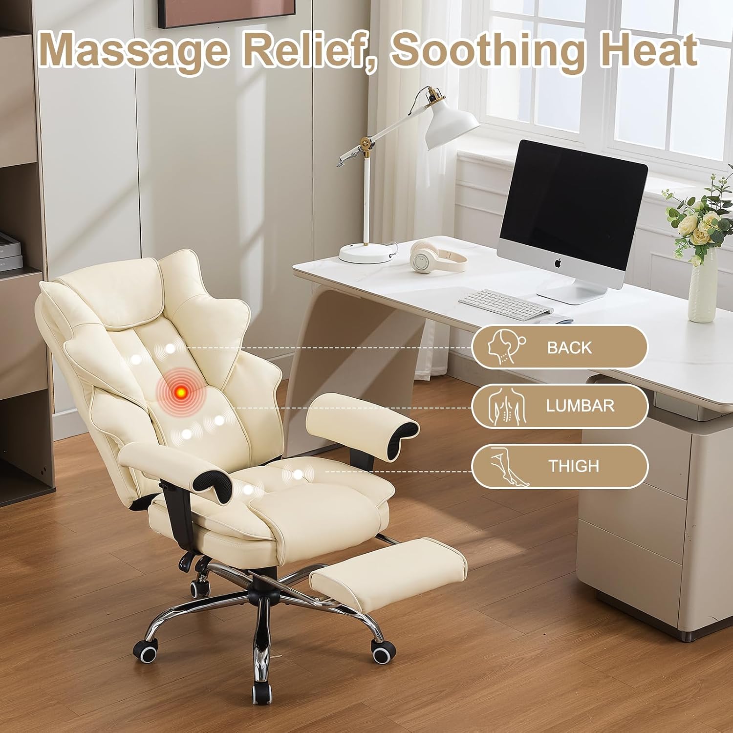 Heated Massage Office Chair with Retractable Footrest, 6-Point Vibration Massaging Office Chair with Remote & Timer, 90°–155° Recline Ergonomic PU Leather Computer Chair, 350 LBS