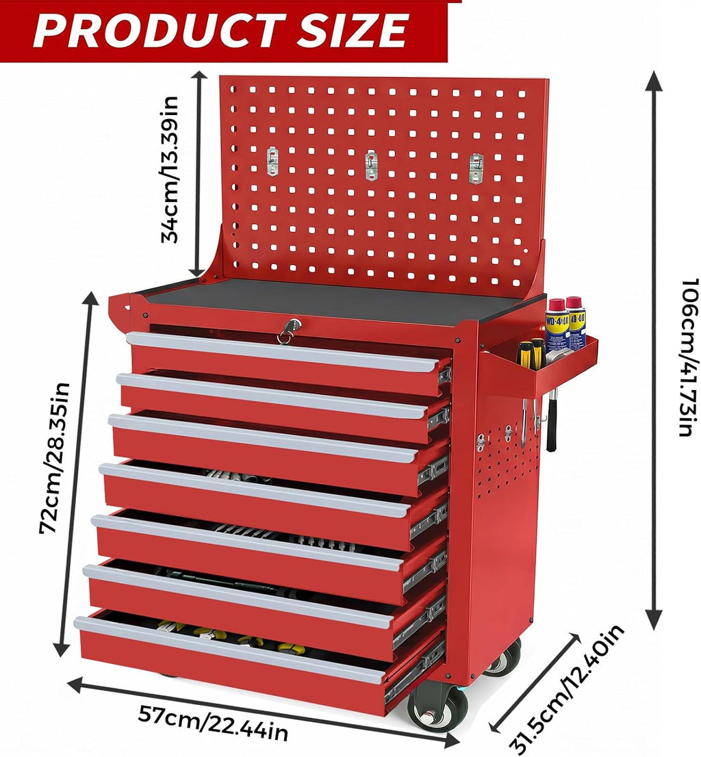 Rolling Tool Chest with Wheels, 7 Drawers Tool Storage Cabinet, Portable Metal Tool Box Organizer with Lock, Tool Cart on Wheels Toolbox Workbench for Garage, Workshop, Warehouse(Required Assembly)