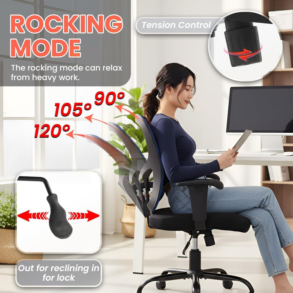 BestOffice Big & Tall Office Chair, 400 lb Capacity Mesh Desk Seating with Lumbar Support, Wide Seat, Adjustable Arms, Rolling Swivel High-Back Ergonomic Executive Task Model for Home Office, Blue