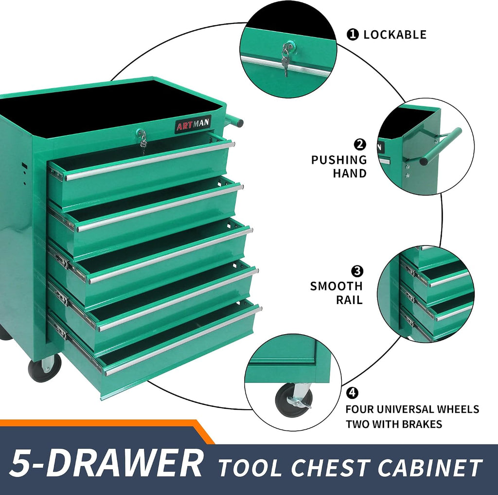 Larmliss 5 Drawers Rolling Tool Box，Tool Chest on Wheels, Lockable Tool Storage Cabinet Organizer Cabinet for Garage, Warehouse, Repair Shop, Workshop