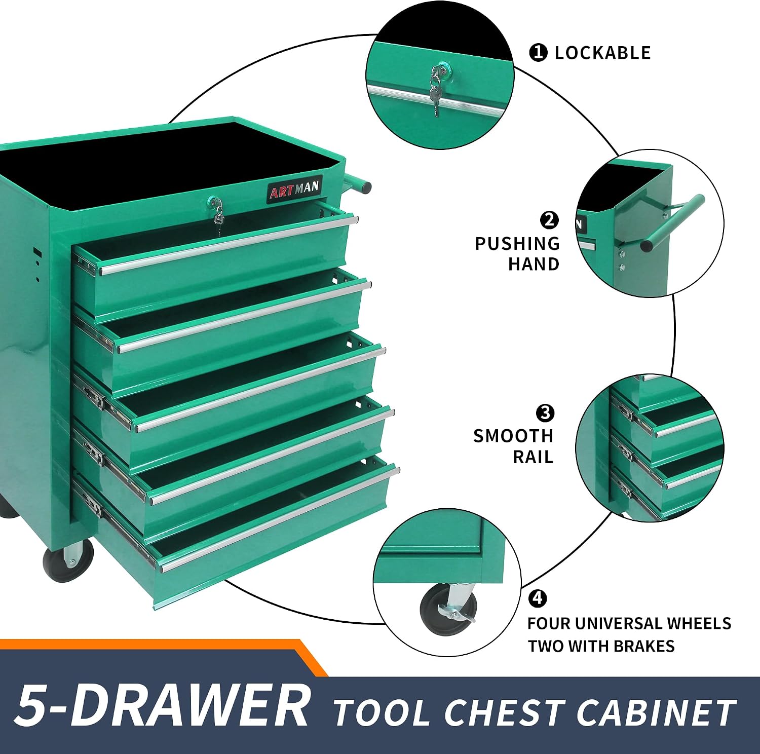 Larmliss 5 Drawers Rolling Tool Box，Tool Chest on Wheels, Lockable Tool Storage Cabinet Organizer Cabinet for Garage, Warehouse, Repair Shop, Workshop