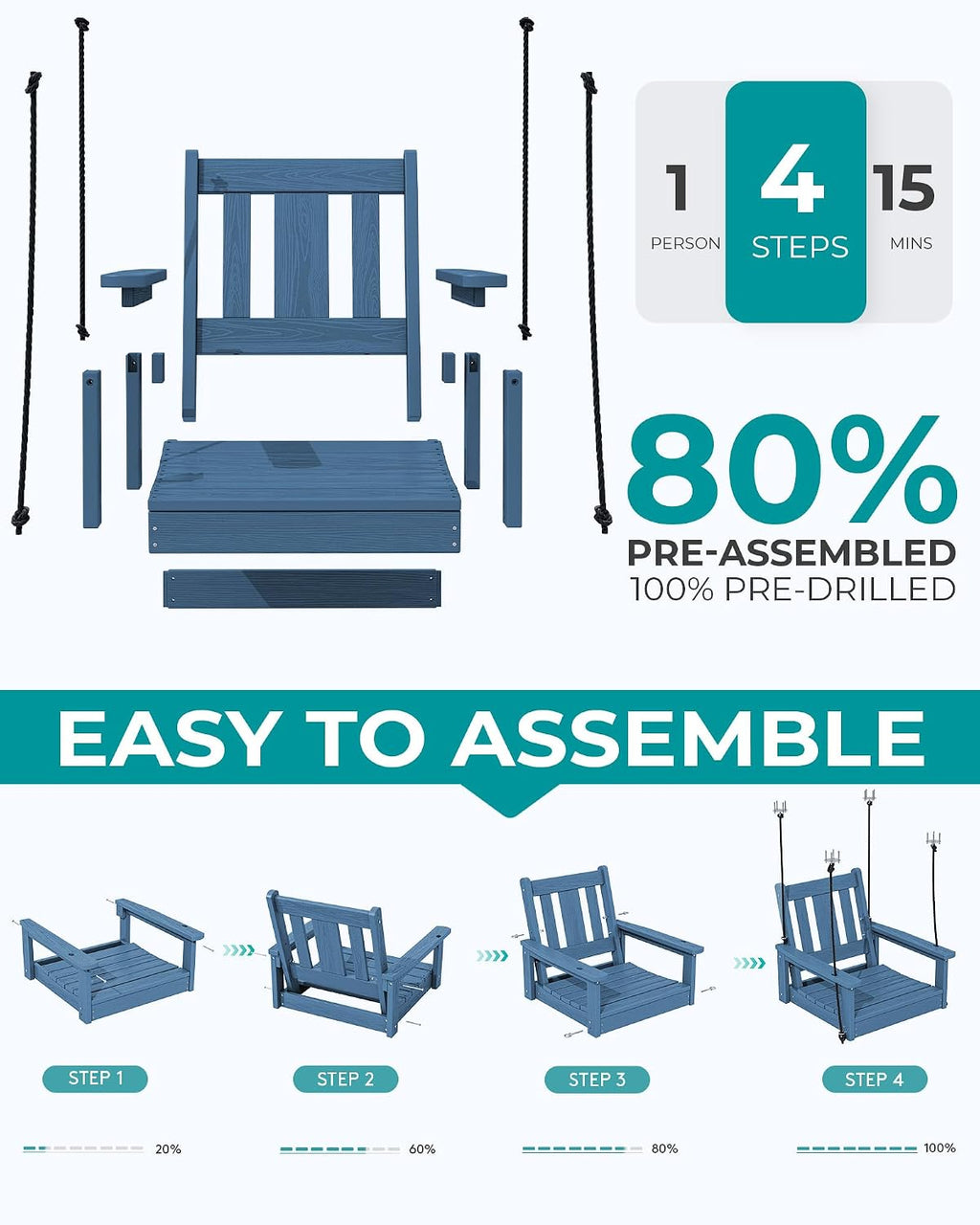 SERWALL HDPE Single Porch Swing, Heavy Duty Single Person Swing Chair with 2 Polypropylene Hanging Ropes, Adirondack Hanging Chair for Outdoor Front Porch Patio Garden Yard, Blue