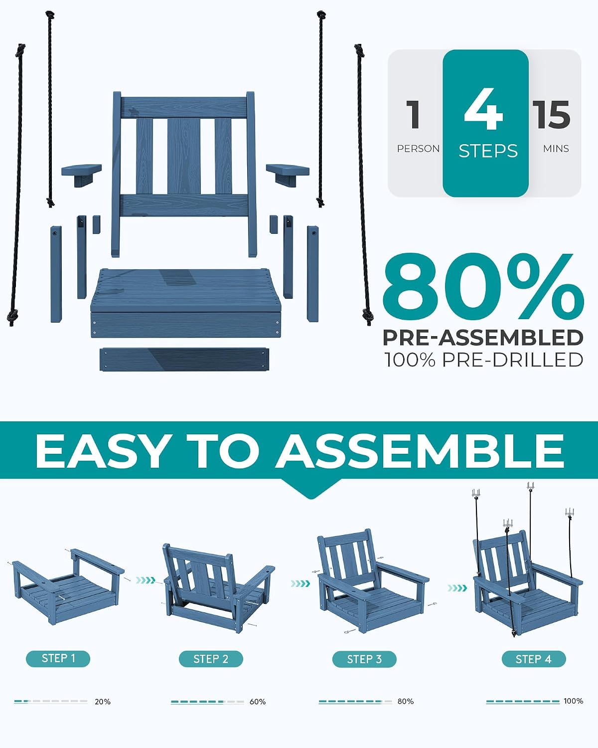 SERWALL HDPE Single Porch Swing, Heavy Duty Single Person Swing Chair with 2 Polypropylene Hanging Ropes, Adirondack Hanging Chair for Outdoor Front Porch Patio Garden Yard, Blue