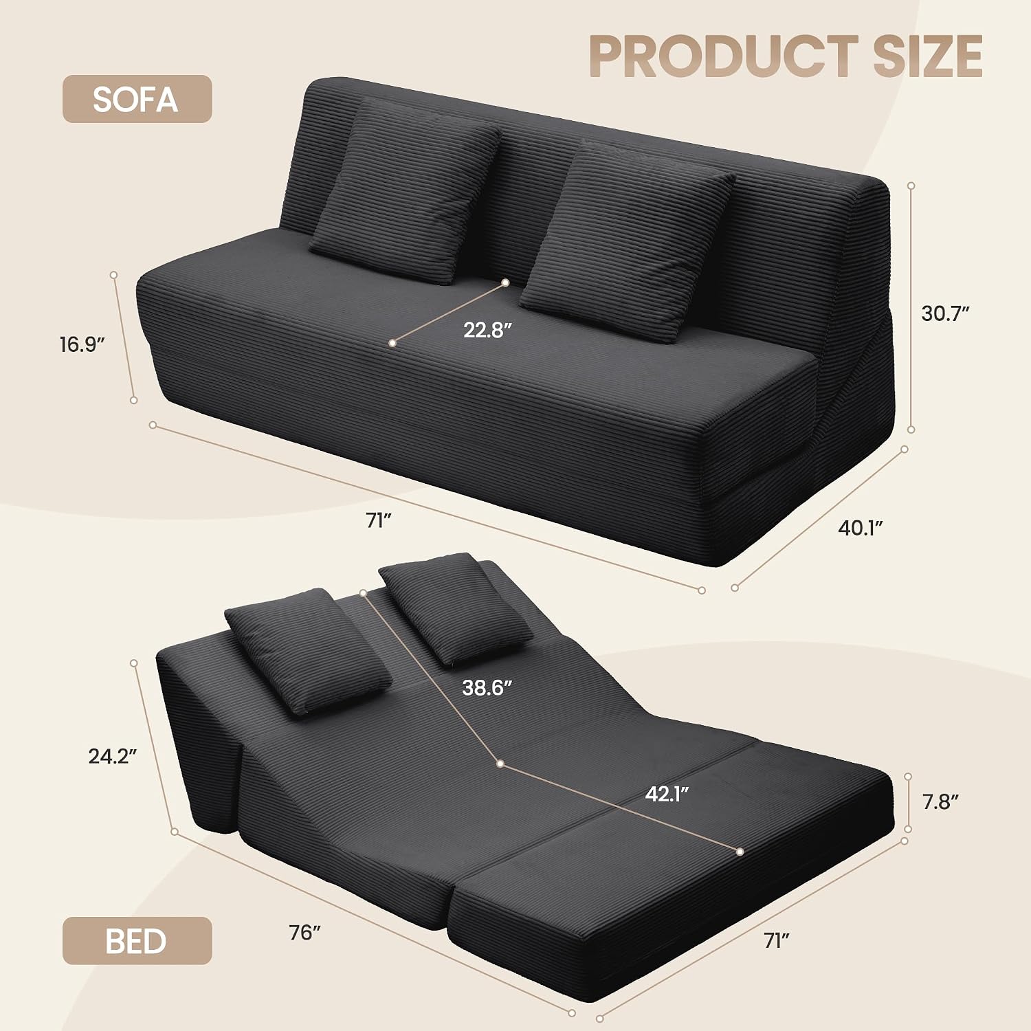 Folding Sofa Bed, Convertible Sleeper Chair with Pillows, High Support Memory Foam & Soft Corduroy Fbric, Comfy Couch Bed, Floor Loveseat Couch for Living Room, Apartment, Guest Room,Black