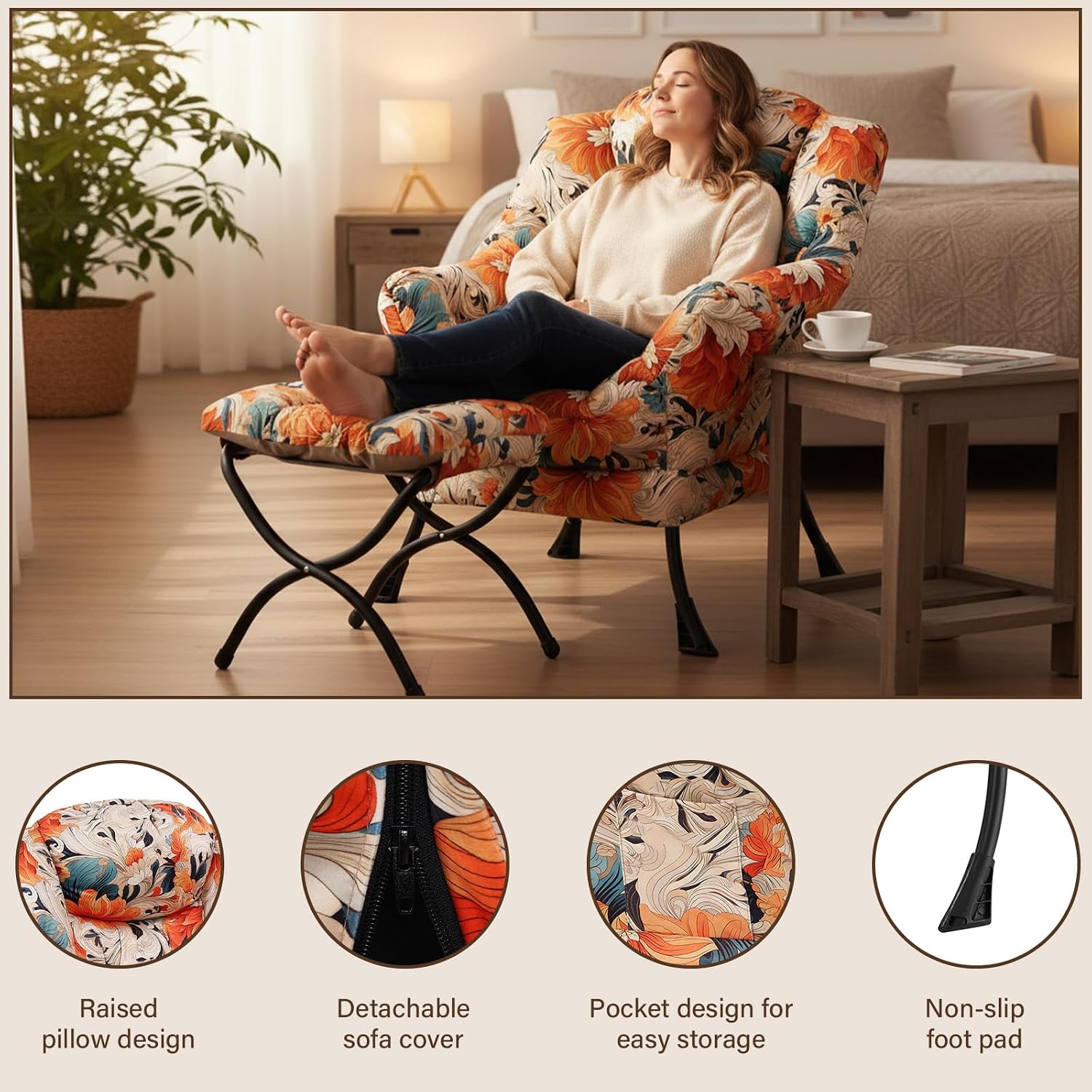 Welnow Lazy Chair with Ottoman, Modern Accent Chair with Armrests and a Side Pocket, Leisure Sofa Armchair Set, Reading Armchair with Footrest for Small Space, Orange Blue