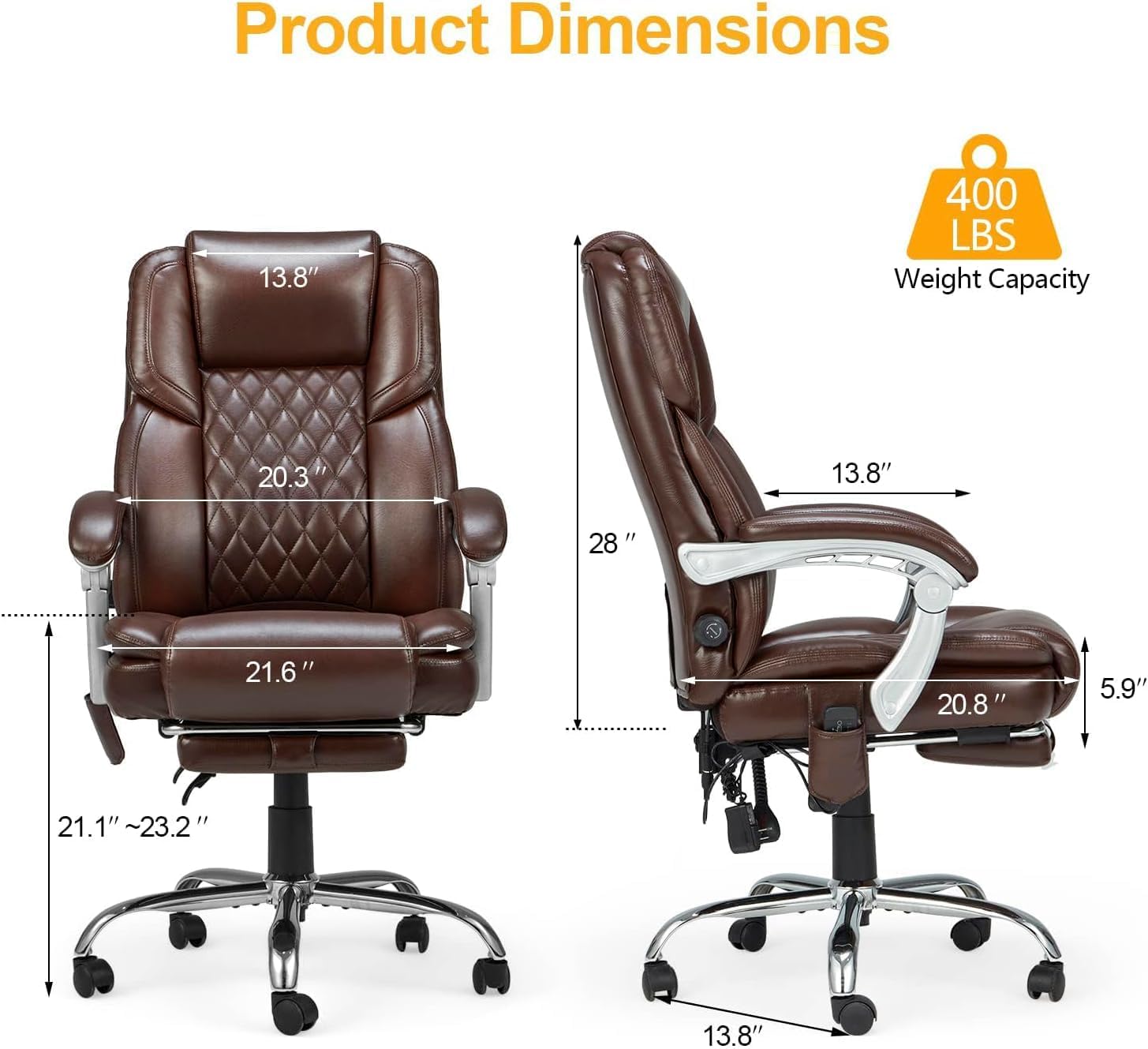 HOMREST 2-Point Massage Office Chair with Lumbar Support, Heated Executive Office Chair, Computer Gaming Chair with with Adjustable Backrest for Home Office, Brown