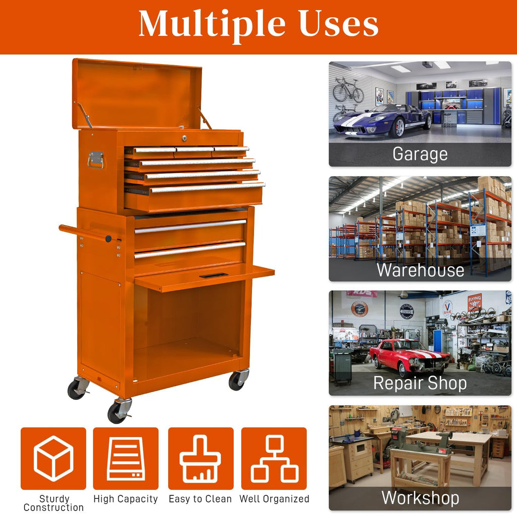 High Capacity Rolling Tool Chest with 8-Drawer Tool Box on Wheels Multifunctional Tool Cart Mechanic Tool Storage Cabinet for Garage, Warehouse, Workshop, Repair Shop (Orange)
